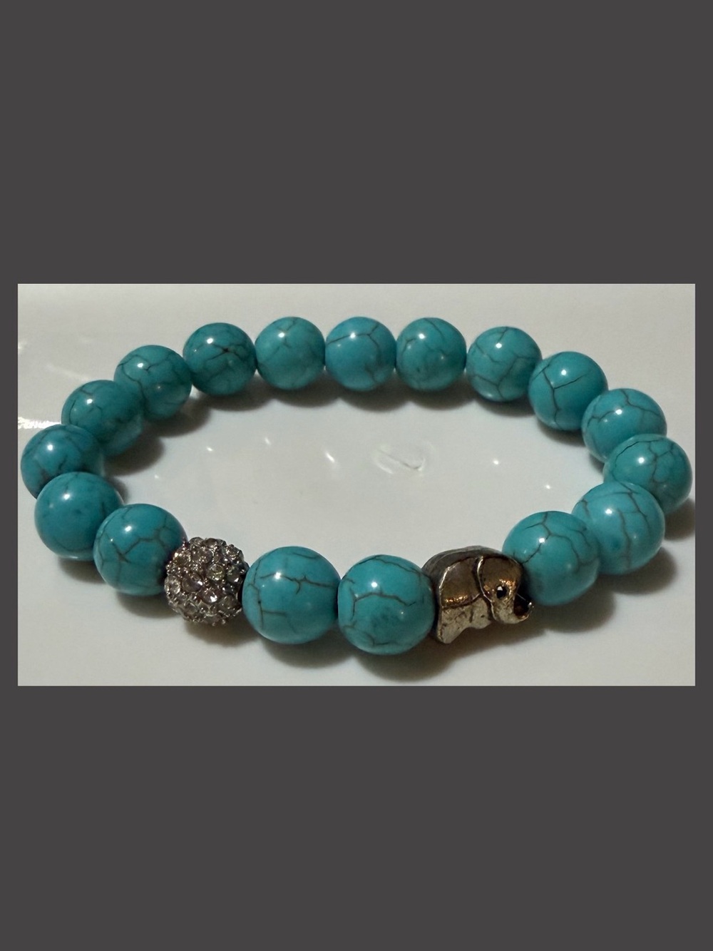 Turquoise Beaded Stretch Bracelet with Elephant Charm